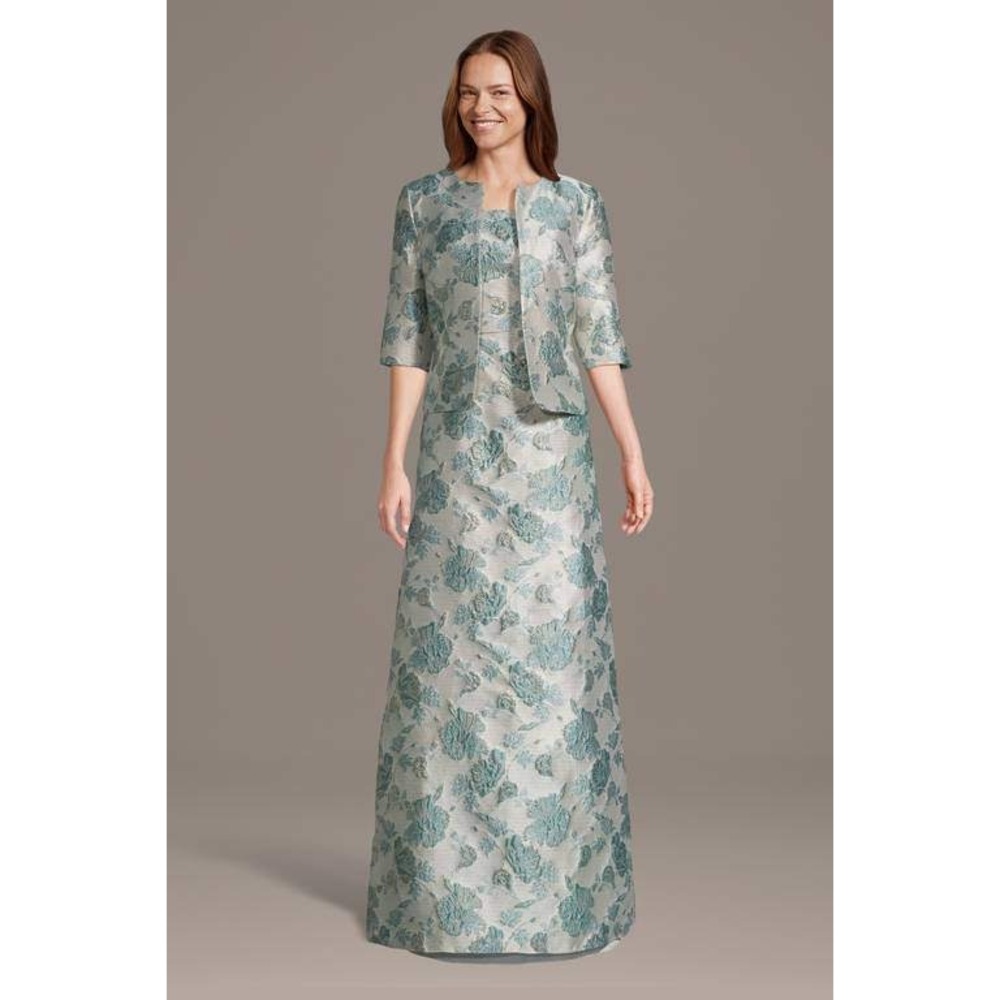 Oleg Cassini Floral Brocade A-Line Dress and Jacket Set Dusty Sage Silver 12
